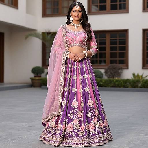 Photograph of an Indian woman in a pink and purple traditional lehenga with floral embroidery, matching dupatta, and ornate jewelry, standing in a