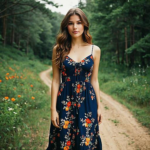 Young woman in floral dress on forest path