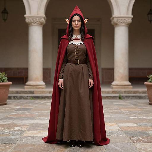 Photograph of a young woman in a medieval-style brown dress and red hooded cloak with pointed elf ears, standing in a stone courtyard with arched