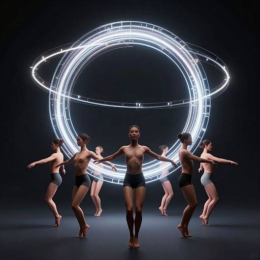 Photograph of six shirtless, muscular dancers in black shorts, performing in front of a glowing, circular light sculpture against a black background.
