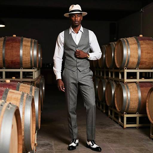 Photograph of a Black man in a white shirt, gray pinstripe vest and pants, black and white shoes, white hat, standing in a