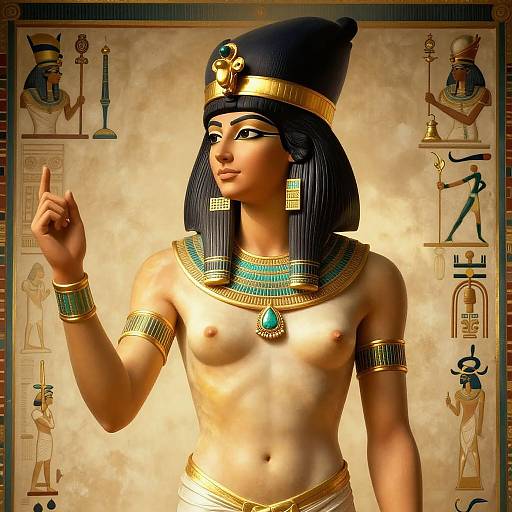 Digital artwork of an ancient Egyptian queen with dark hair, gold headdress, turquoise necklace, and armlets, gesturing with her right hand. Background