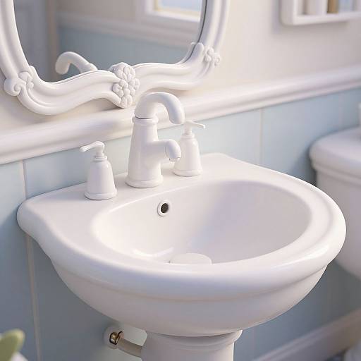 Photograph of a vintage-style white ceramic sink with a curved faucet, soap dispenser, and ornate mirror, set against blue-tiled walls.