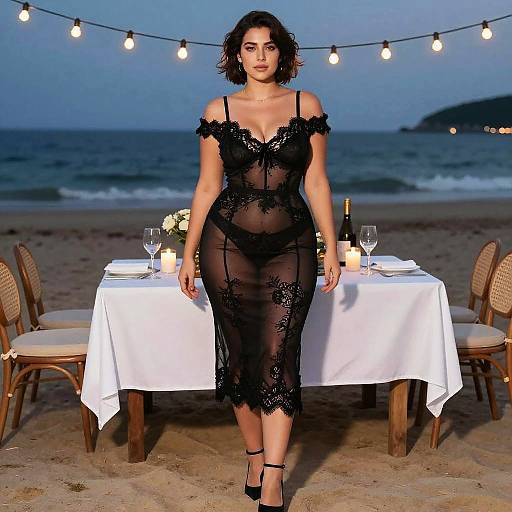 Curvy Woman in Sheer Lace Dress at Beach
