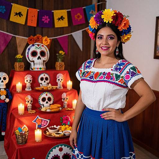 Photograph of a smiling woman in a colorful Mexican dress and flower crown, standing in front of a Día de los Muertos altar with skulls,