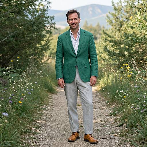 Photograph of a smiling man with short brown hair, green blazer, white shirt, beige pants, and brown shoes, standing on a gravel path
