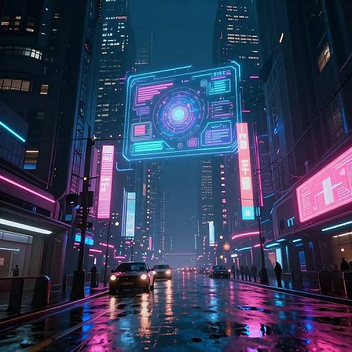 Neon-lit cyberpunk city street at night, wet pavement reflecting vivid blue, pink, and purple signs. Large, glowing holographic grid above