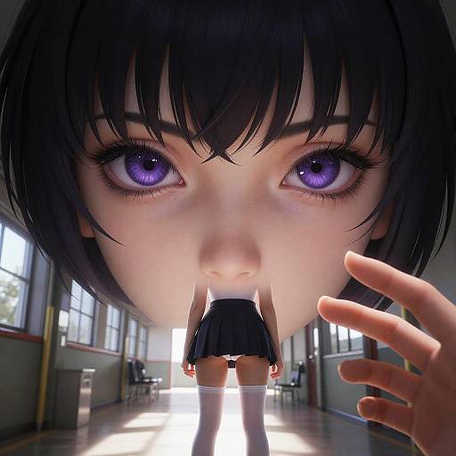 CGI anime-style image: giant female face with purple eyes, short black hair, looming over tiny schoolgirl in black skirt, hand near mouth,