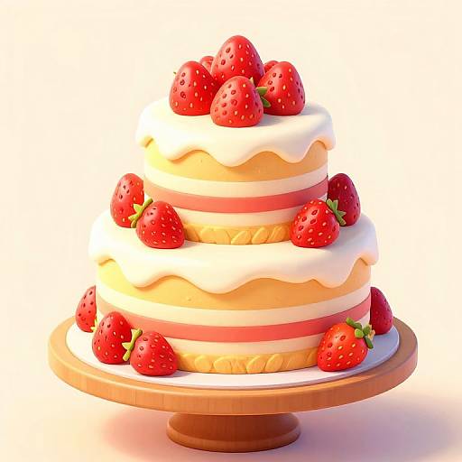 Photorealistic image of a three-tiered strawberry cake with white frosting, pink stripes, and fresh red strawberries on top and sides, displayed on a