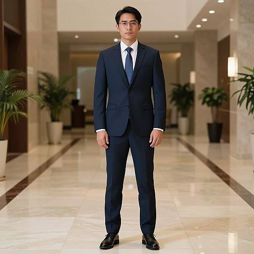 Photograph of an Asian man in a black suit, white shirt, and black tie standing in a bright, modern, marble-floored hallway with