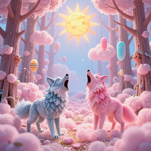 Whimsical digital illustration of two colorful wolves howling at a glowing sun in a pink, fluffy forest with floating balloons and smiling tree ornaments.
