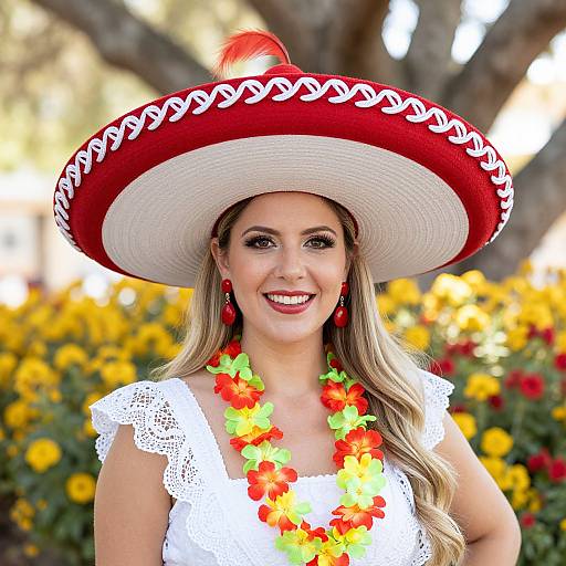 Photograph of a smiling blonde woman wearing a large red and white Mexican sombrero, white lace dress, and colorful flower lei, standing in a sunny