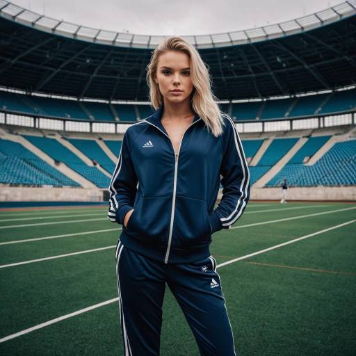 Young Female Athlete in Blue Tracksuit on Stadium Field