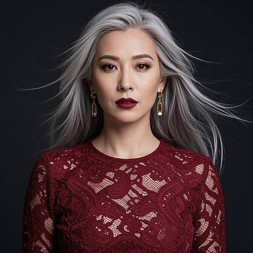 Photograph of a young Asian woman with long silver hair, wearing a maroon lace top and gold earrings, against a dark background.