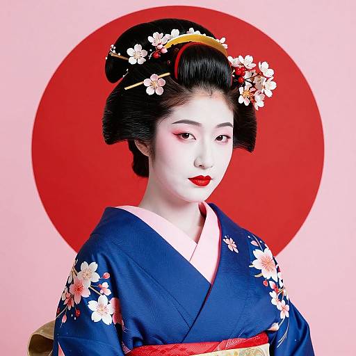 Photograph of a Japanese woman in a blue floral kimono with white flowers, red obi, black hair in an updo with white flowers,
