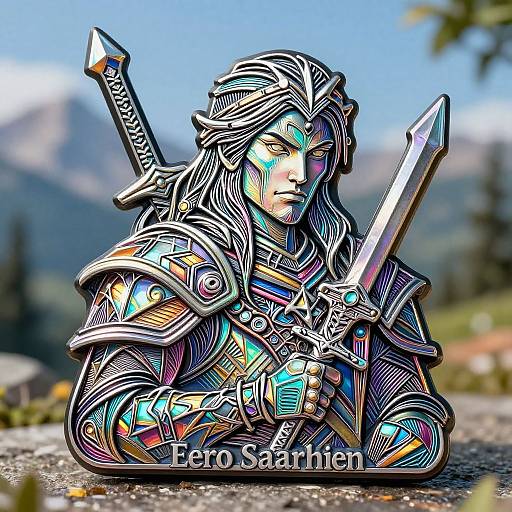 Digital art of a stylized, armored warrior with long hair, holding a sword, set against a blurred mountain background. Text reads 