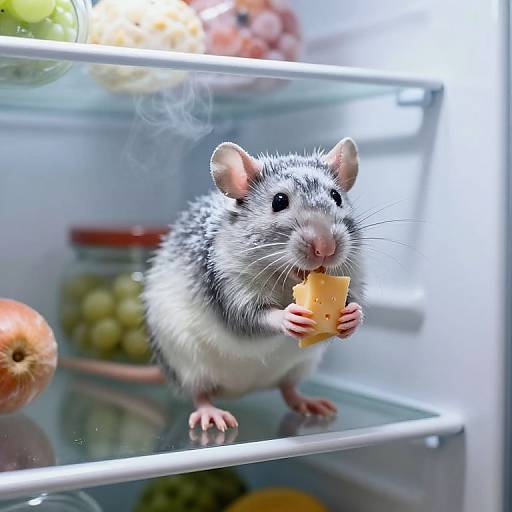 Photograph of a gray and white rat eating a cheese cube inside a brightly lit, open refrigerator, surrounded by grapes and apples.