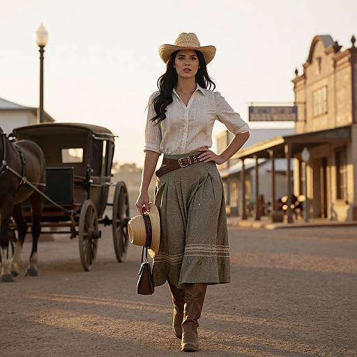 Photograph of a confident woman in a white shirt, gray skirt, and straw hat, holding a hat and bag, walking down a sunlit Western