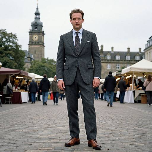 Photograph of a handsome Caucasian man in a dark gray pinstripe suit, white shirt, and brown shoes, standing on a cobblestone street
