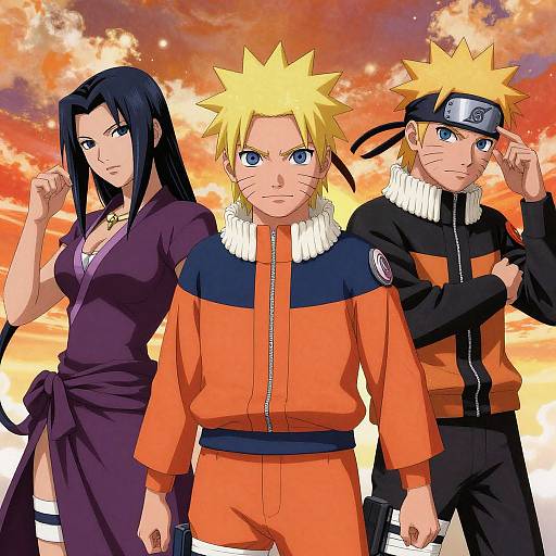 Digital anime-style illustration of Naruto, Sakura, and Sasuke from Naruto, standing against a vivid sunset sky, wearing their signature outfits.