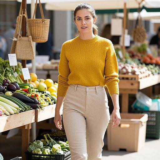 Woman Strolling Sunny Farmers' Market