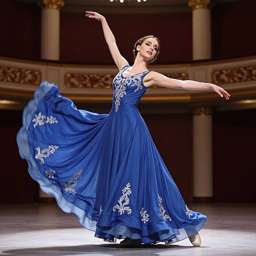 Photograph of a ballerina in a flowing, blue dress with white floral embroidery, gracefully posing on stage with arms extended.