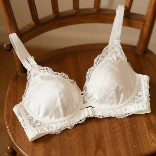 Photograph of a white lace-trimmed satin bra with padded cups, lying open on a wooden chair with a curved back.