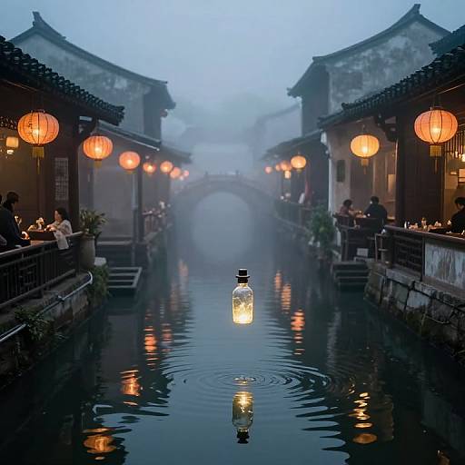 Photograph of a misty, lantern-lit Asian canal at dusk, with glowing red paper lanterns, traditional buildings, and a bottle floating on