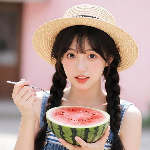 Sunlit Watermelon Girl with Straw Hat