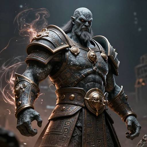 Digital CGI of a muscular, bald, blue-skinned orc warrior with a long beard, wearing intricate, glowing, armored gear, with flames on his