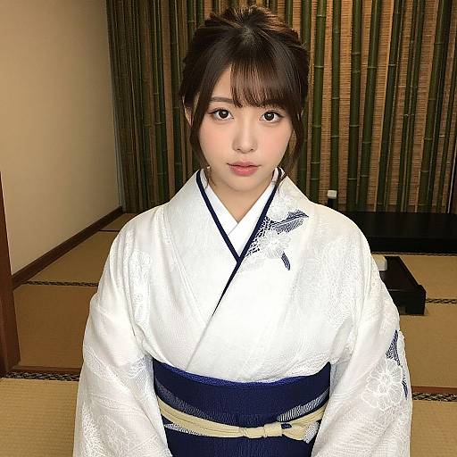 Photograph of a young Asian woman with fair skin, dark brown hair in an updo, wearing a white kimono with navy blue obi,