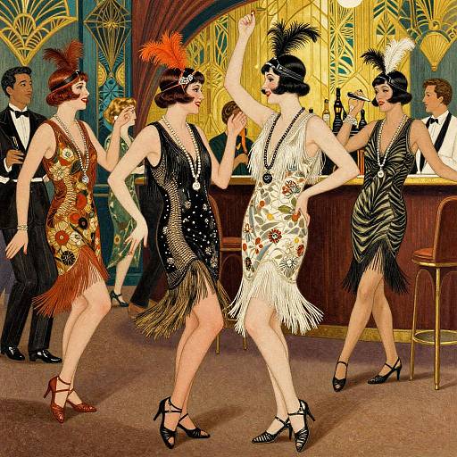 Vintage illustration of flapper women dancing in fringed, floral dresses, feathered hats, and high heels, with suited men in background. Art Dec