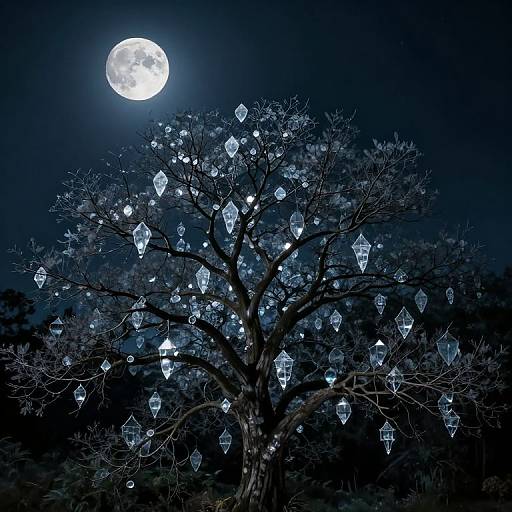 Photograph of a moonlit night featuring a leafless tree adorned with glowing, diamond-shaped lanterns, against a dark blue sky with a bright,