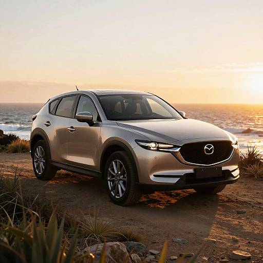 Photograph of a silver Mazda SUV parked on a sandy beach at sunset, with the ocean and golden sky in the background.