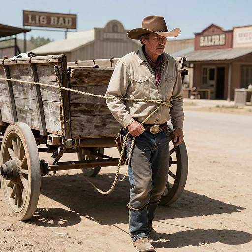 Photograph of a rugged, middle-aged white cowboy in a beige shirt, brown hat, and jeans, standing beside a wooden wagon in a sunlit