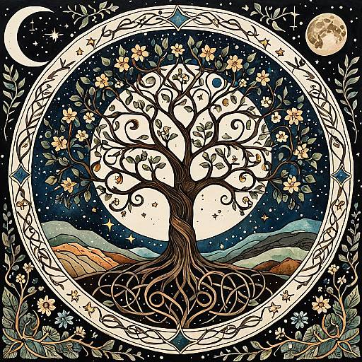 Stylized Tree of Life with Moon and Vines