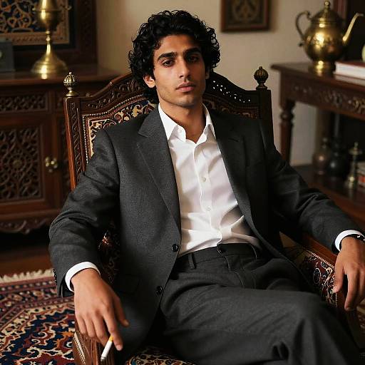 Photograph of a handsome, curly-haired South Asian man in a black suit and white shirt, sitting in an ornate wooden chair in a richly