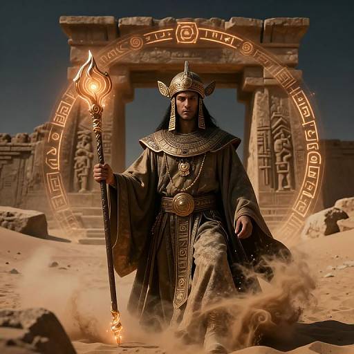 Photorealistic digital artwork of a fierce, dark-haired pharaoh in ornate armor holding a flaming staff, standing in a desert with ancient ruins and