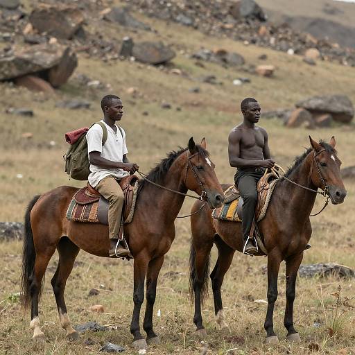 Two Black Men Riding Horses in Rugged Landscape