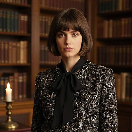 Bob Cut Elegance in Vintage Library