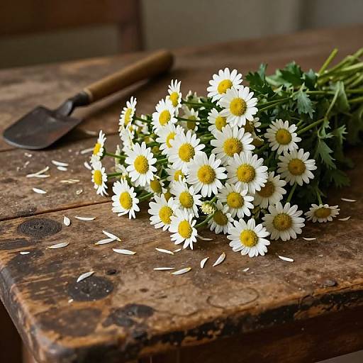 Photograph of a rustic wooden table with a bouquet of white daisies and yellow centers, scattered petals, and a metal trowel.