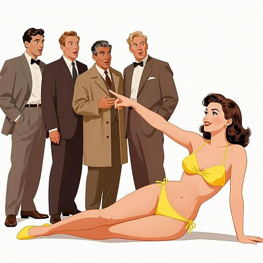 Vintage Beach Scene with Surprised Men