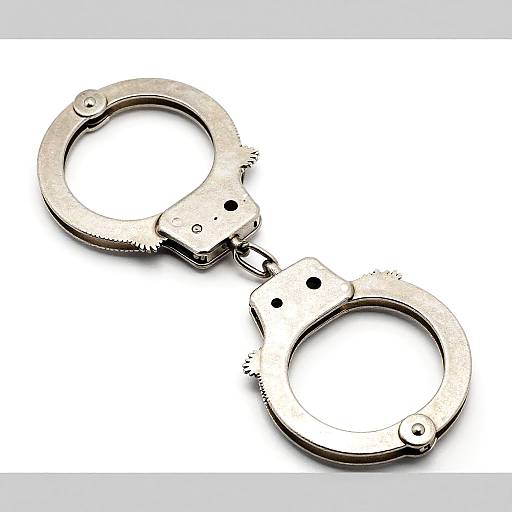 Photograph of two metallic silver handcuffs with blackened keyholes, placed diagonally on a white background.