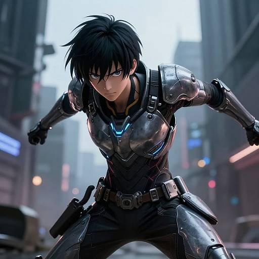 Digital anime-style illustration of a determined, black-haired young man in sleek, black, futuristic armor, poised in a city street at dusk, with blurred