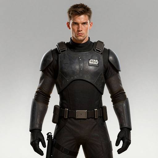 Photograph of a muscular, stern-faced male police officer in black tactical gear with 