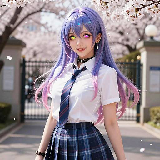 Digital anime-style drawing of a cute girl with long purple hair, heterochromatic eyes (yellow and pink), wearing a white shirt, black tie,