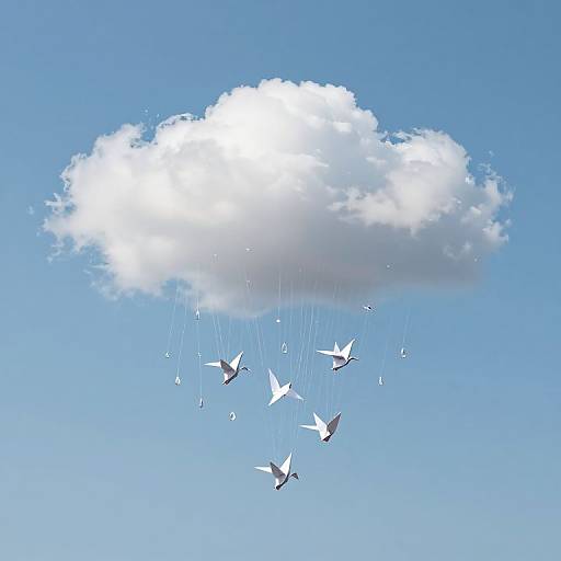Photograph of a white, fluffy cloud with six paper airplanes hanging from it by thin strings, against a clear blue sky.