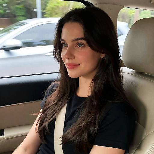 Chic Woman in Car with Greenery
