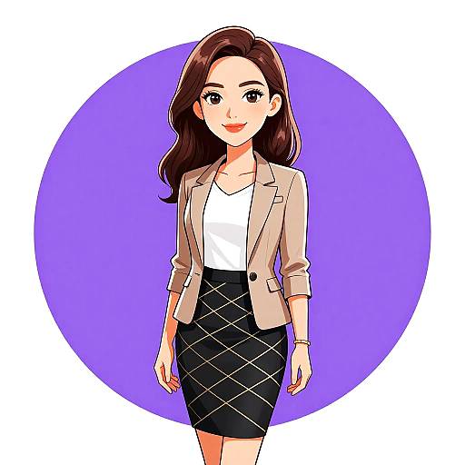 Digital anime-style illustration of a smiling woman with long brown hair, wearing a beige blazer, white top, and black diamond-patterned skirt, against