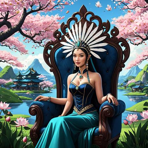 Glamorous Woman on Throne with Cherry Blossoms